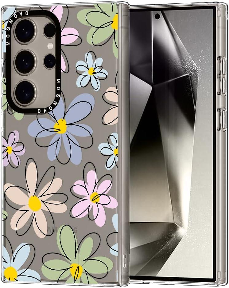 MOSNOVO Case for Samsung Galaxy S24 Ultra, [Buffertech 6.6ft Military-Grade Drop Protection] [Anti Peel Off Tech] Clear TPU Bumper Phone Case Cover Design - Linear Blooms