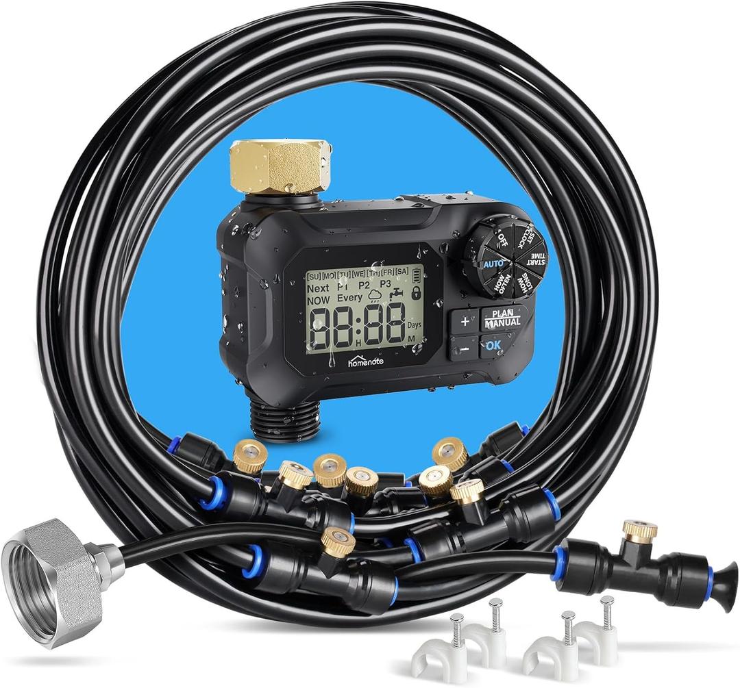 homenote Automatic Misting Cooling System with Timer, 46FT Misting Line, 10 Brass Nozzles, and 3/4" Brass Adapter for Patio Cooling and Garden Watering