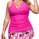 NIeyook Plus Size Swimsuits for Women Two Piece Tankini Bathing Suit with Skirt 2026 V-Neck Tummy Control Swimwear, Size L (Pink)