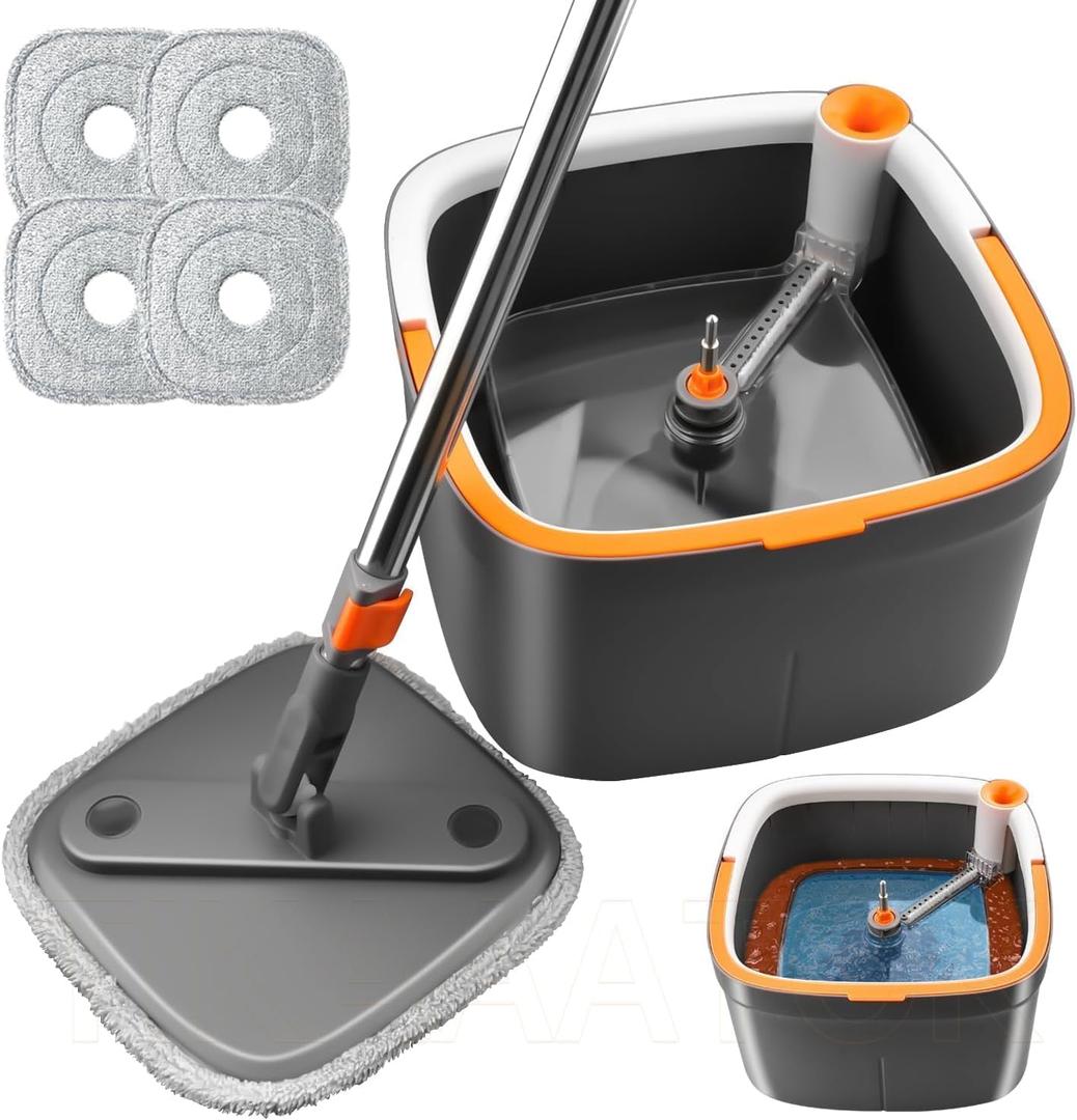 KZKR Spin Mop and Bucket Set with 4 Replaceable Microfiber Mop Pads with Self Separation Dirty and Clean Water System, Self Wringing 360 Rotating Square Mop Head for Hardwood Tile Marble Floors