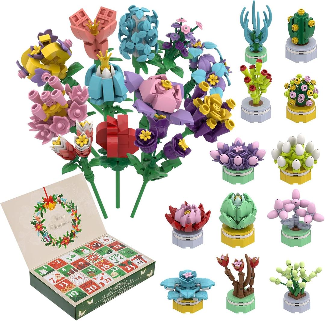 Advent Calendar 2025 Building Block Flowers Flowers and Succulents for Kids 24 Days of Christmas Countdown Building Blocks