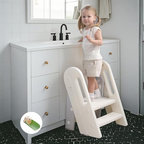 hoopyosms Toddler Step Stool for Bathroom Sink Kids Foldable Toilet Potty Training Stools Adjustable 3 to 2 Stool with Handrail Baby Kitchen Stool Children Step Ladder with Non-Slip Pads, Grey