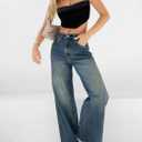 Womens Wide Leg Jeans Mid High Waisted Baggy Straight Leg Stretchy Denim Pants Seamed Long Trousers (Blue)