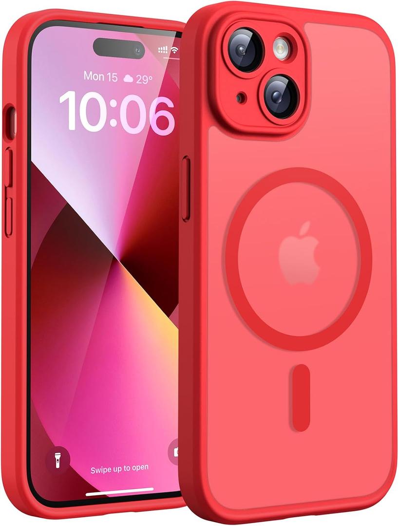 TOCOL Magnetic for iPhone 13 Case, Upgraded Full Camera Protection, Compatible with Magsafe, 15FT Drop Protection, Translucent Matte Back Bumper Phone Cover 6.1-Inch (Red)