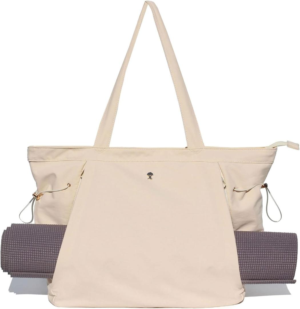 ESVAN Tote Bag with Yoga Mat Carrier Pocket for Women Shoulder Bags Drawstring for Office Workout Travel Carryall Pilates Gym and Beach