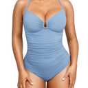 SHAPELLX Womens Swimsuits Tummy Control Bathing Suit Slimming One Piece U-Ring Shapewear Shaping Swimwear Blue, Size Medium
