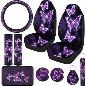 Frienda 10 PCS Car Seat Covers for Women Butterfly Car Interior Seat Covers Accessories with Steering Wheel Cover, Wrist Strap, Coasters, Armrest Pad, Shoulder Pad, Key Chain