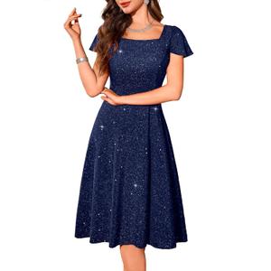 BeryLove Prom Dress for Teens: Sequin Formal Party Dress with Flutter Short Sleeves for Wedding & Cocktail Evening Events (Small, Navy)