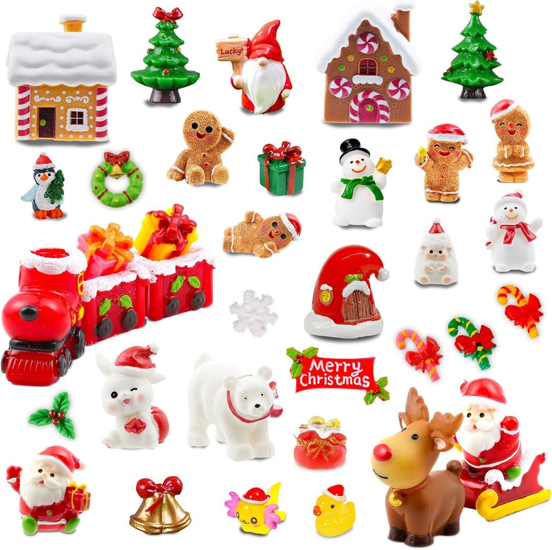 37 Pcs Miniature Christmas Figurines Mini Resin Gingerbread Men Figurines Santa Claus Snowman Reindeer Xmas Miniature Ornaments for Fairy Garden Xmas Snow Globes Village Decor