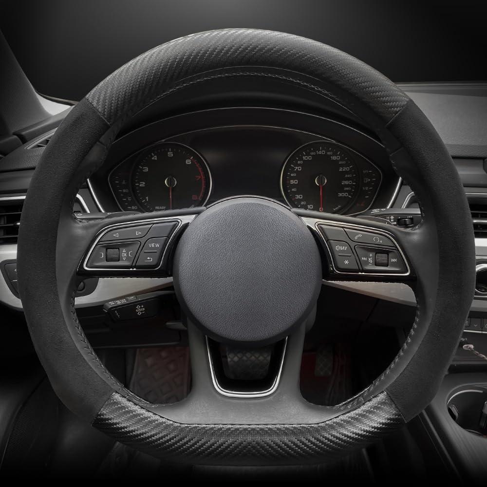 Carodi Suede Carbon Fiber Steering Wheel Cover Car Non-Slip Leather Car Interior Fitting 15-inch UniversalD-Shape,Black
