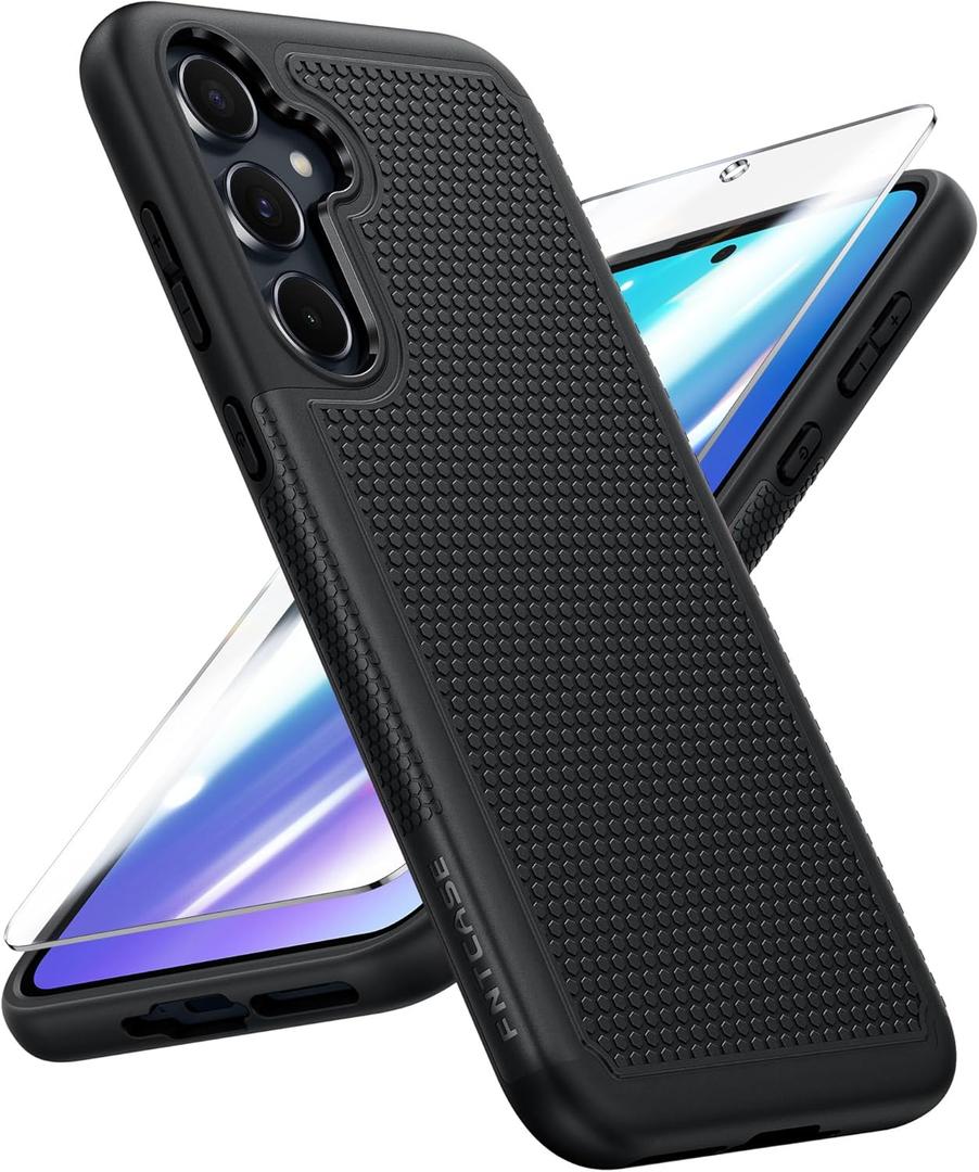 FNTCASE for Galaxy A35-5G Phone Case - Military Grade Drop Protection, 14ft Drop Tested, Screen Protector Included, Anti-Slip Textured, TPU+PC Dual Layer Shockproof Samsung a35 Case Cover (Black)