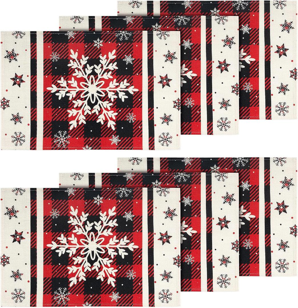 Plaid Snowflakes Christmas Placemats Set of 6, 12x18 Inch Rectangle Placemats Winter Table Mats for Holiday Party Table Placemats Dining Kitchen Table Decoration