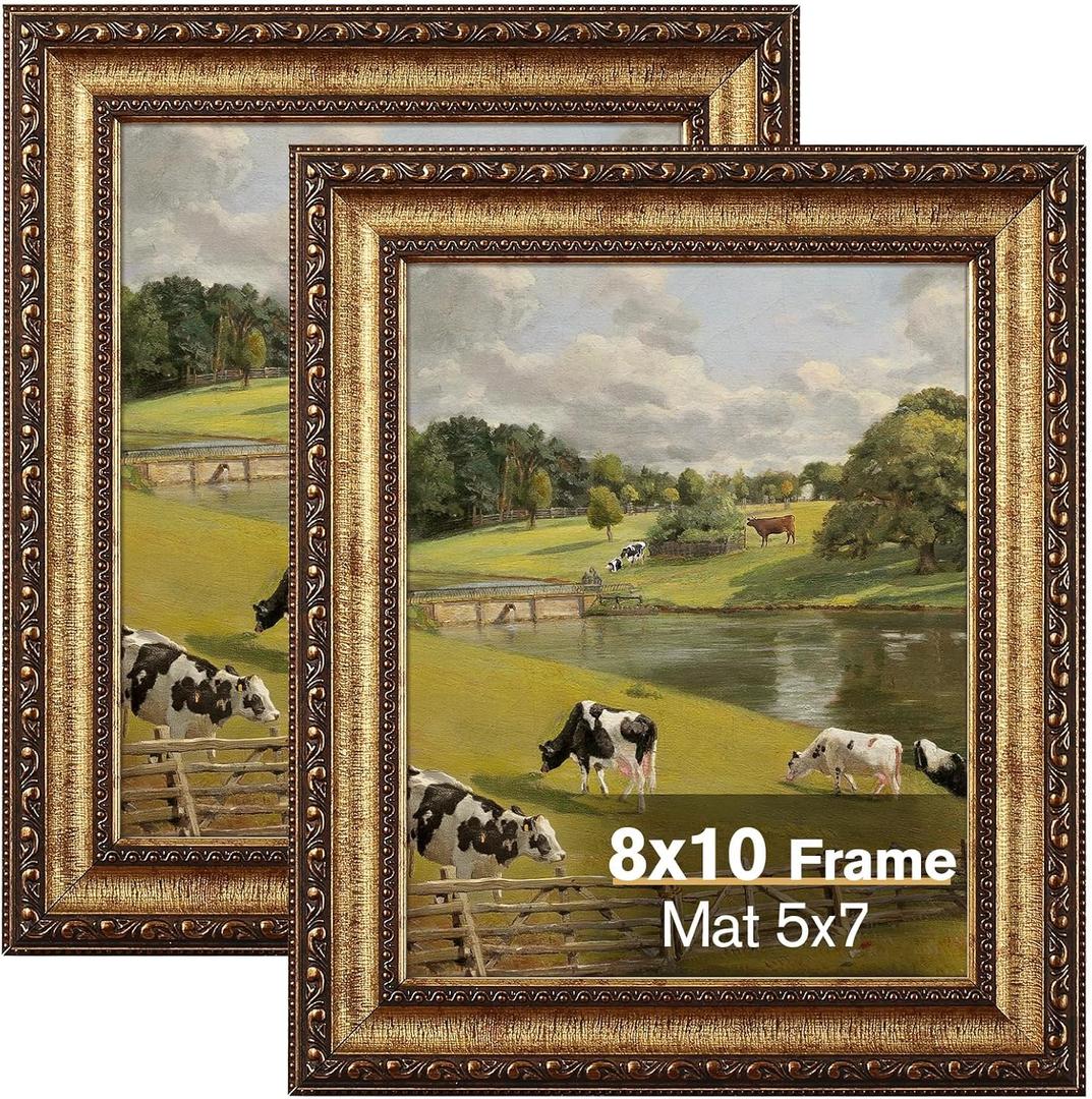 8x10 Gold Picture Frame, 2 Pack Ornate Vintage Picture Frames for Wall or Tabletop Display, 8x 10 Photo Frame Gold with Real Glass, Display Poster 5x7 with Mat or 8x10 without Mat for Antique Decor