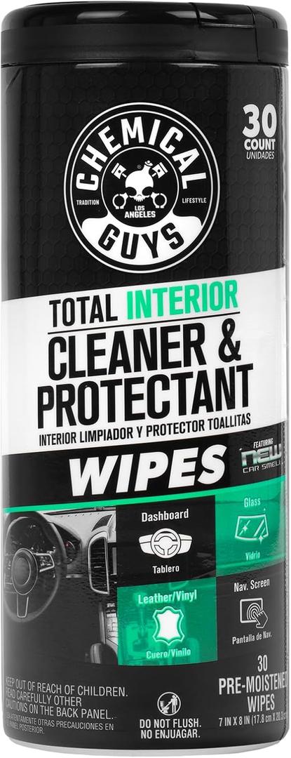 Chemical Guys Total Interior New Car Smell Cleaner & Protectant Wipes – All-in-One Interior Cleaning Wipes for Dashboards, Vinyl, Leather, Fabric & Glass – Cleans & Protects, New Car Scent, 30 Ct