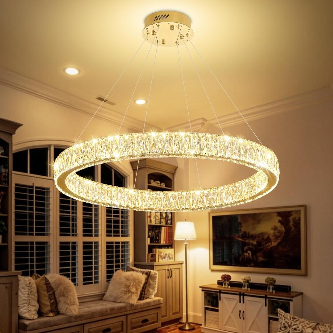Modern LED Gold Ring Chandelier 31.5" Dimmable Adjustable Crystal Ring Pendant Light for Dining Room Living Room