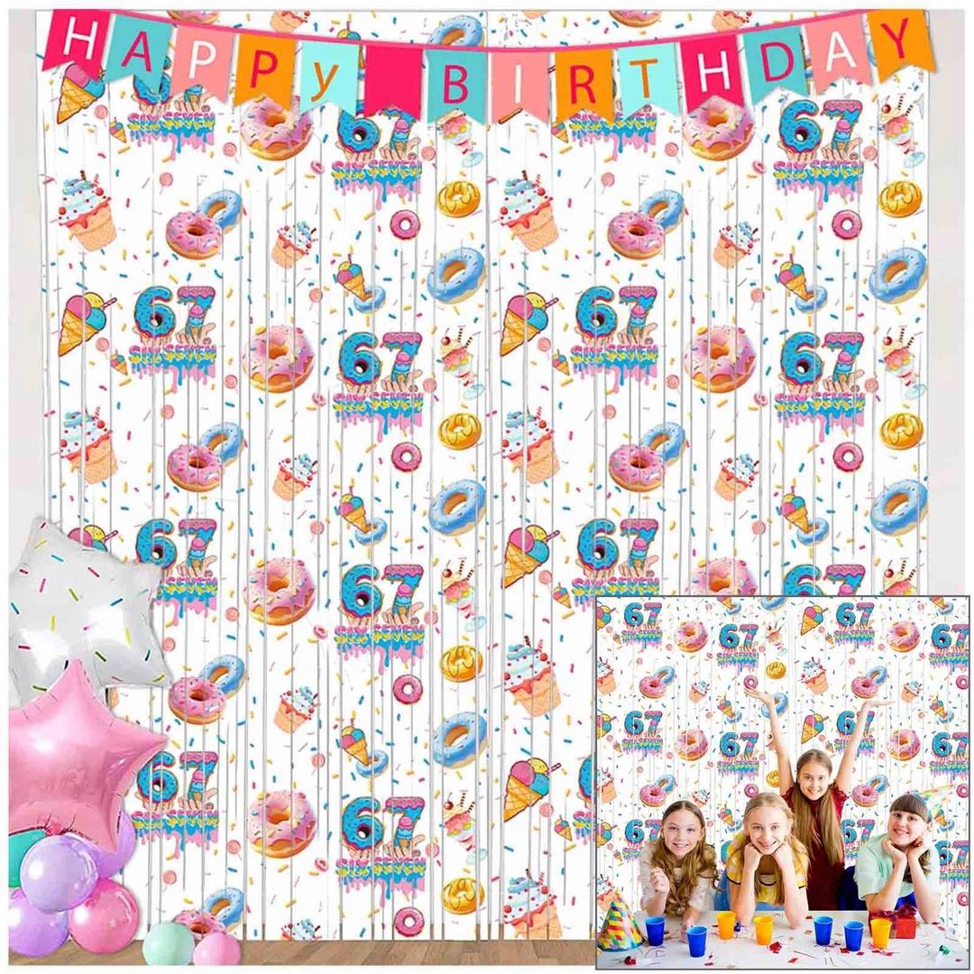 LZLANZHI 2 Pack Donut Theme Birthday Party Supplies Funny 6 7 Meme Decorations 3.3x6.6ft Tinsel Foil Fringe Curtain White Photo Booth Prop Six Seven Backdrop Streamer Decor for Kids