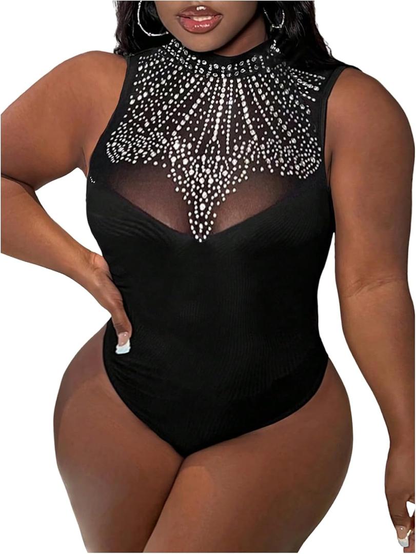 WDIRARA Women's Plus Size Sparkly Rhinestone Tank Bodysuit Party Mock Neck Sleeveless Body Suit (3X-Large Plus, Black)