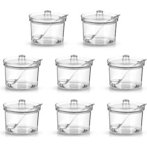 8 Pcs Clear Sugar Bowls Acrylic Salt Storage Jar with Lid and Spoon Organizer Condiment Holder Bottle Case for Kitchen Tea Spices Seasoning Restaurants Cocoa Bar