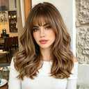 Wig with Bangs for Women Layered Hairstyle 4x4 Realistic Scalp Medium Length Wavy Synthetic Heat Resistant Hair Wig for Daily Party Use Light Brown mix Blonde Highlights 18 inch