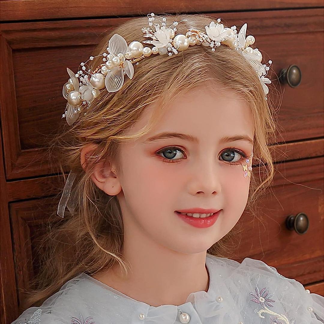 Princess Flower Crystal Headpiece Girls Rhinestone Pearl Headband Women Wedding Floral Hairband Bridal Hair Accessories Photography for Girls and Women (White)
