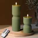 Girimax Olive Green Ribbed Flameless Pillar Candles with Remote, LED Candles Battery Operated Flickering Real Wax Set of 2