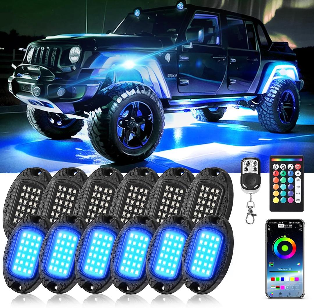 12Pods Metal RGB LED Rock Lights with Bluetooth APP/RF Remote Control, 288LED Multicolor Underglow Lights Kit with Dual Zone Music Mode 12V Underbody Light Waterproof for Trucks Jeep Golf Cart Pickup