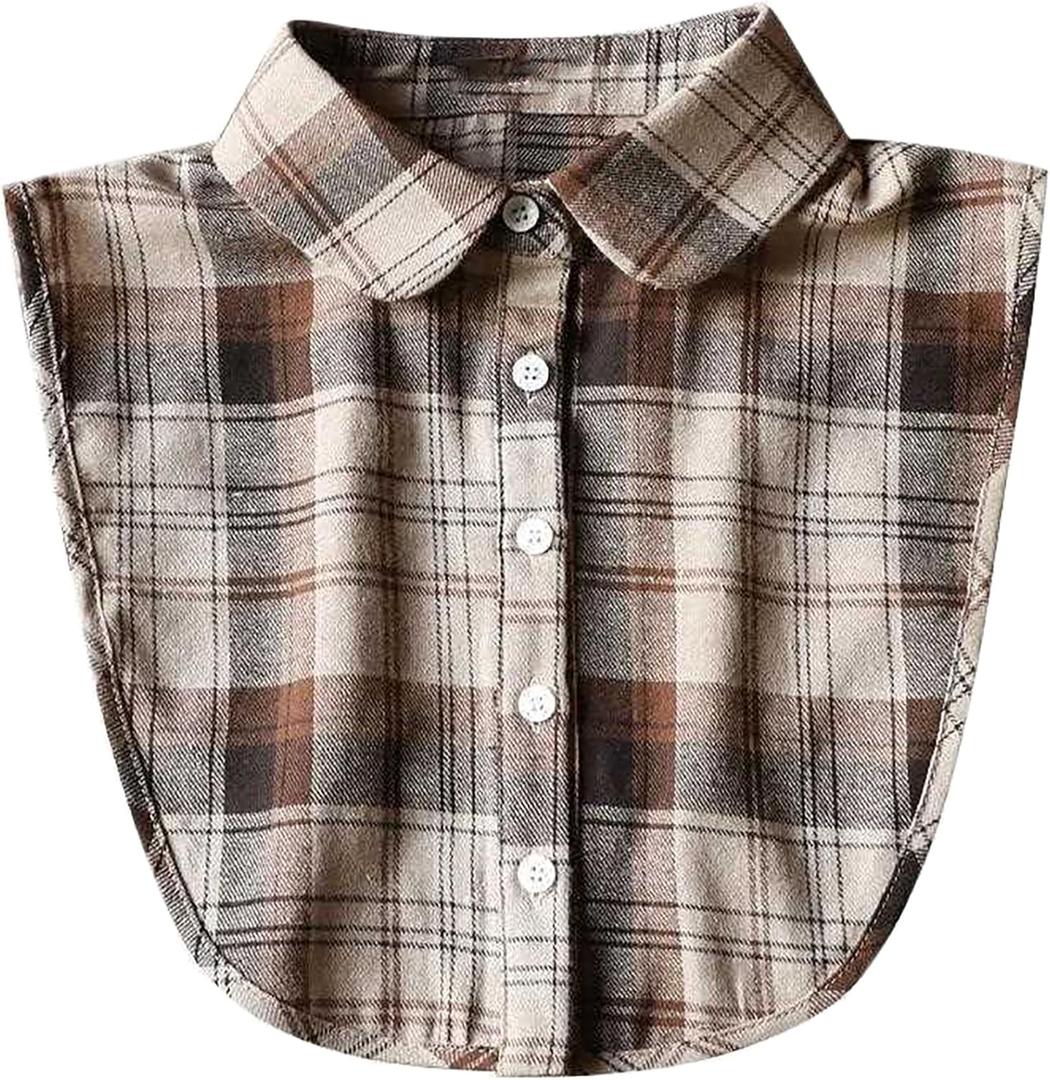Womens Classic Plaid Fake Collar Detachable Dickey Collar Half Shirts Blouse False Collar Top for Women Outfits (B Coffee Brown B)