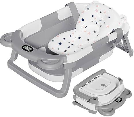 TPN Collapsible Baby Bathtub, Baby Bath Tub with Soft Cushion & Real-Time Thermometer, Baby Bathtub Infant to Toddler Tub (0-36 Months), Portable Travel Baby Tubs for Newborns (Grey)