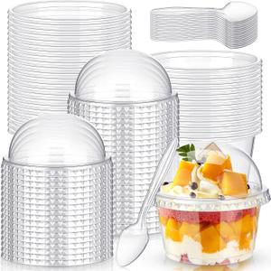 Layhit 150 Pcs Disposable Clear Plastic Cups with Dome Lids and Spoons Dessert Cups Small Ice Cream Cups Dessert Containers Snack Bowls for Cake Fruit Parfait Food Pudding at Party (8oz)