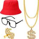 Gejoy 80s 90s Hip Hop Costume Kit Rapper Accessories Outfit Sunglass Hat Chain Ring for Men Women Halloween Party Decoration (Red)