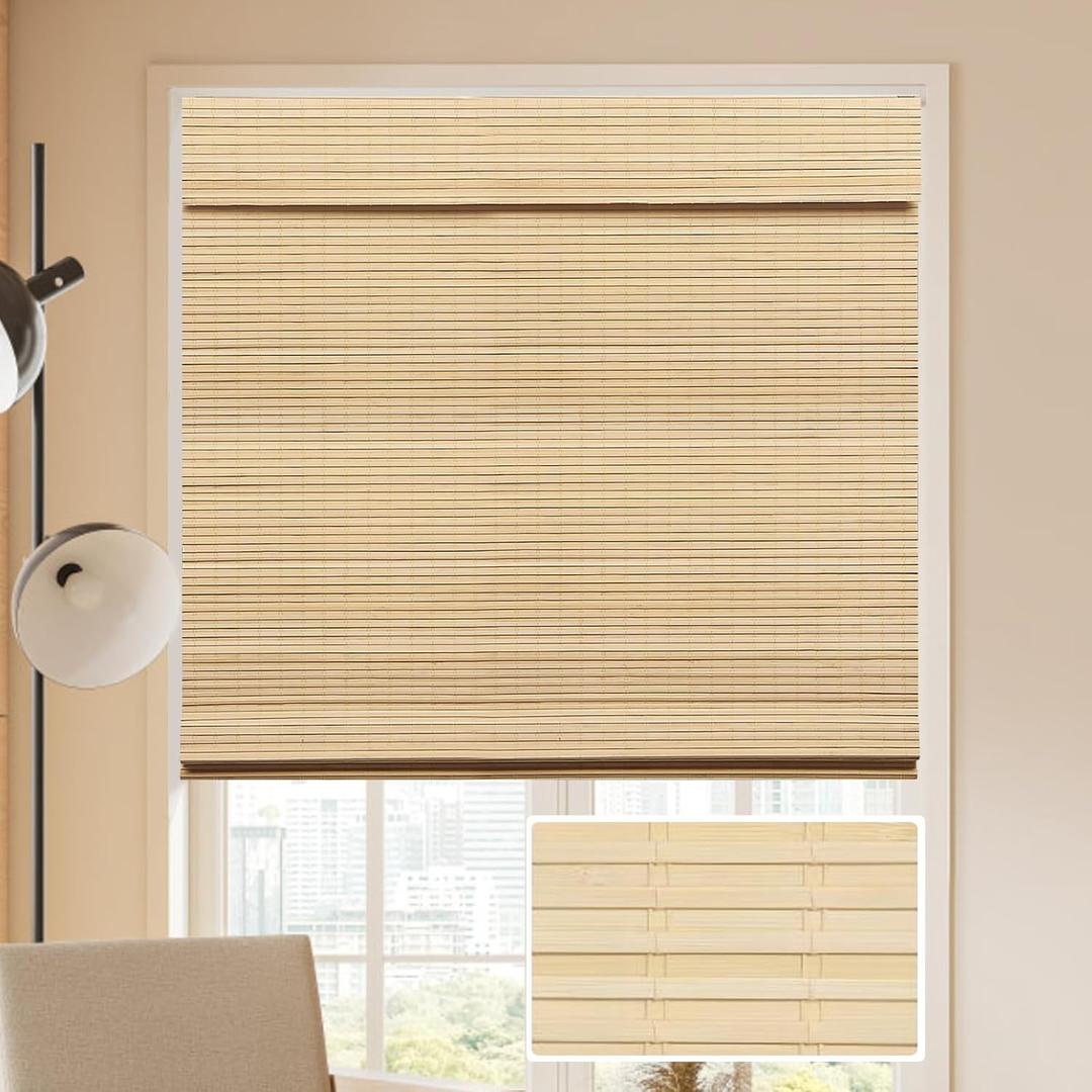 LUCKUP Cordless Bamboo Roman Blinds Shades for Indoor Windows-Blackout Room Darkening Roman Blinds with 6" Valance Cover Enhanced Privacy, 34" W x 64" H (Privacy-natural)