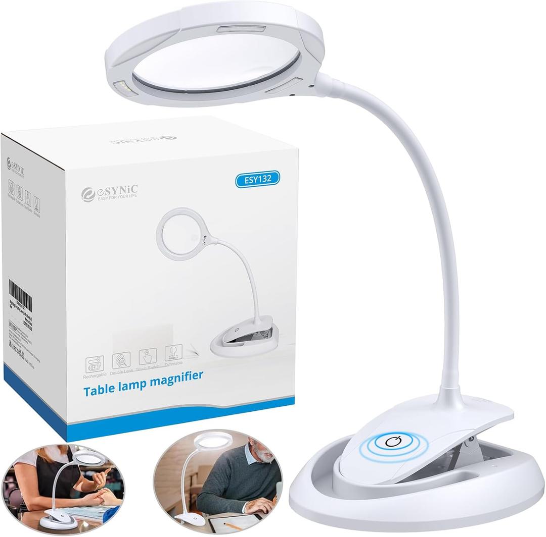eSynic Magnifying Glass with Light and Stand USB-C Rechargeable 5X &10X 110mm Large Len 15 LEDs 3 Brightness Levels Flexible Desktop Magnifier Lamp with Clamp & Base for Reading Crafts Jewelry Repair