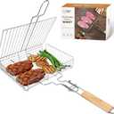 DOUBLE TWO - Stainless Steel Grill Basket, Grilling Baskets for Outdoor Grill, for Meat, Fish, Vegetable, BBQ Accessory, With Height Adjustable Cover & Detachable Handle, Easy to use, 1Pcs