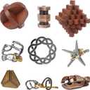 9pcs Retro Wooden and Metal Puzzles Bulk Gift for Kids, Teens, and Adults Unlock Interlock Brain Teasers Toys Game.