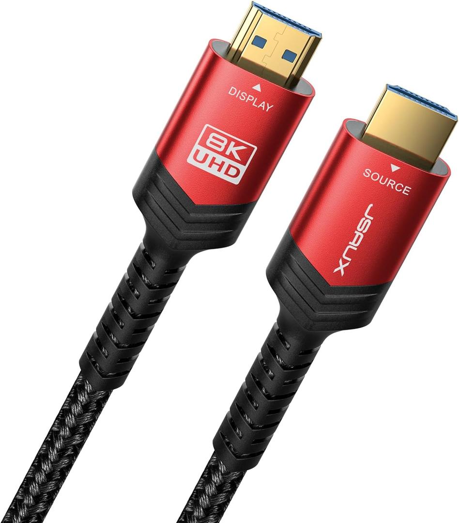 JSAUX Fiber Optic 8K Long HDMI Cable 100 ft 2.1 1 Pack 48Gbps Ultra High Speed HDMI Braided Cord, 4K@120Hz 144Hz, 8K@60Hz, HDCP 2.2&2.3, HDR 10, eARC Compatible with Laptop Monitor UHD TV PS5 PS4-Red (100ft)
