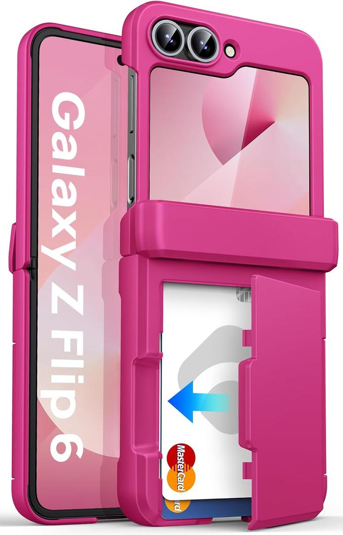 ASAFCASE for Samsung Galaxy Z Flip 6 and Z Flip 7 FE Case Wallet with Card Holder (3 Cards) & Outer Screen Protector & Hinge Protection, Shockproof Rugged & Full Body Protective Phone Cover, Hot Pink