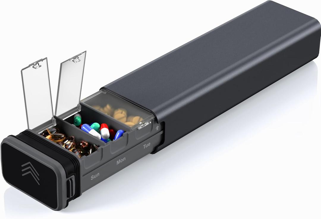 7 Day Weekly Metal Pill Organizer Travel, Kursoaya Premium Aluminum Daily Pill Box, Cute Portable Pill Case, Large Capacity Pill Holder for Supplements, Pills, Vitamins, Medicine (Steel Grey)