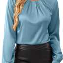 Bluetime Silk Blouses for Women Dressy Work Satin Dress Shirts Pleated Long Sleeve Business Casual Tops Fall Outfits (Blue, L)