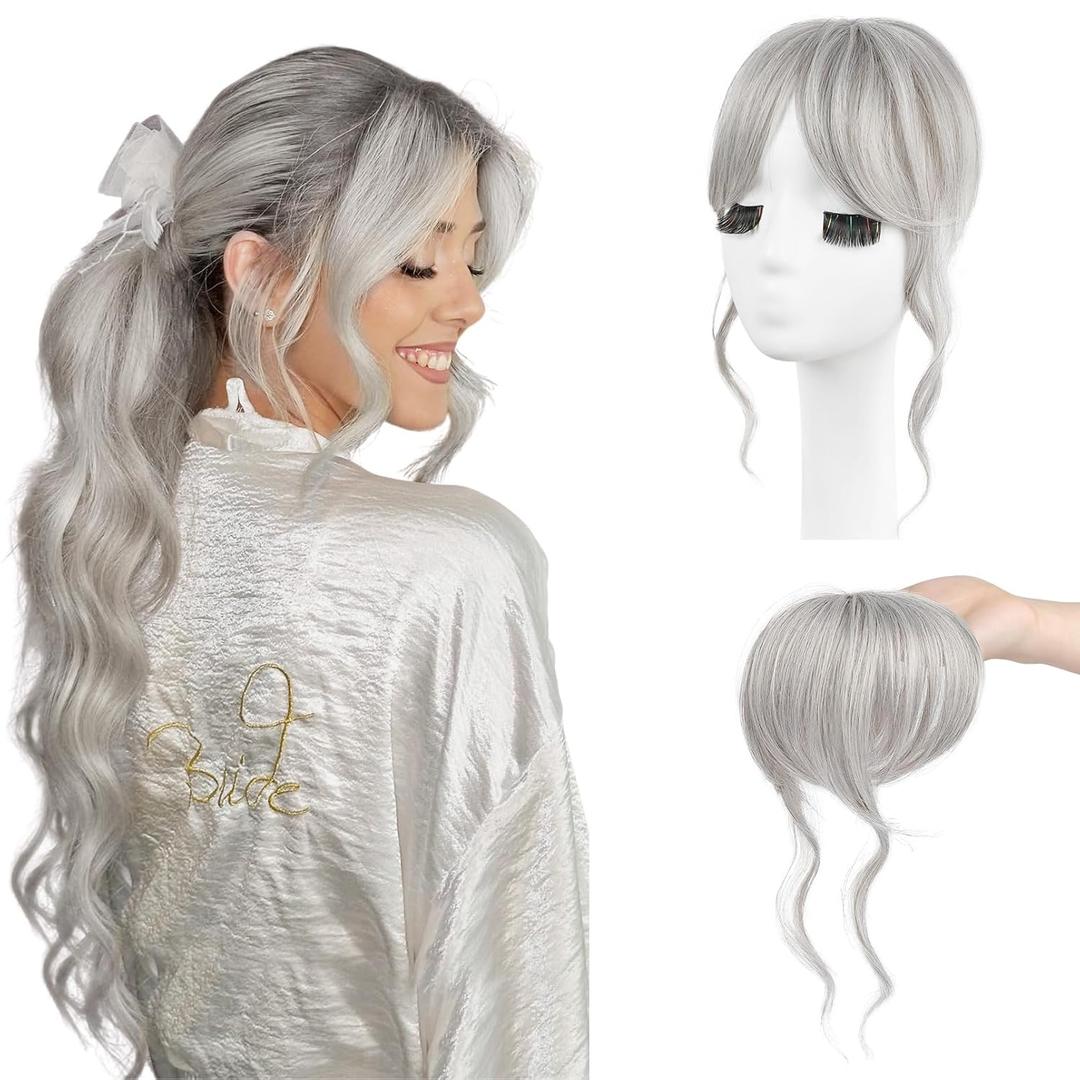 Flufymooz Clip in Bangs,12 Inch French Bang Fringe with Temples Hairpieces for Women Daily Wear-Silver Gray