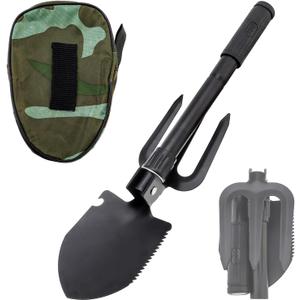Folding Camping Shovel, 16" Survival Shovel Multifunctional Shovel Entrenching Tool for Car Emergency, Hiking, Camping, Beach with Carrying Pouch Black