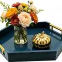 Hexagon Decorative Serving Tray with Polished Gold-Tone Metal Handles, Black Glossy Finish, Large Ottoman and Coffee Table Tray, 17.7x15.4x2 Inch (Blue)