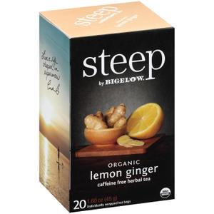 steep by Bigelow Organic Lemon Ginger Herbal Tea, Caffeine Free, 20 Count (Pack of 6), 120 Total Tea Bags (EXP 01/01/29)