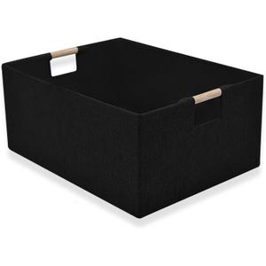 Fabric Storage Basket for Shelves, Collapsible Storage Bins with wood Handles, Rectangle Closet Baskets, Wardrobe Organiser, for Sorting Clothes, Family Items (Black) (1)