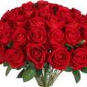 30 PCS Fake Red Roses, Artificial Flowers Bulk Realistic Silk Faux Red Rose with Stems for Wedding Decoration Anniversary Bridal Bouquet DIY Floral Arrangement Romantic Home Decor