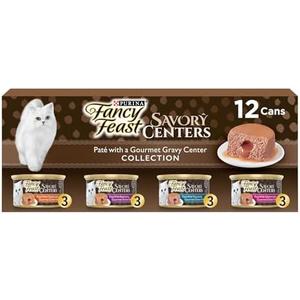 Purina Fancy Feast Savory Centers Wet Cat Food Pate Variety Pack With Chicken, Salmon, Beef, and Tuna Pate with Gravy Center - (2 Packs of 12) 3 oz. Pull-Top Cans - BB NOV2026