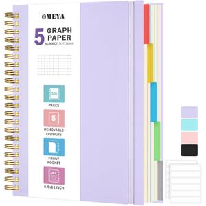 Graph Paper Notebook: 5 Subject Graphing Notebook with Removable Dividers, 300 Pages 100gsm Thick Spiral Grid Notebooks, 5x5 Graph Ruled Paper, Large A4 Journal for School Work Women Men, 8.5" X 11"