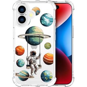 ENDIY Cases Compatible with iPhone 16 Plus Case for Women Cute Phone Case Clear Design, 16 Plus Case Transparent Cool Kawaii, Astronaut Swinging Solar System Space Planets