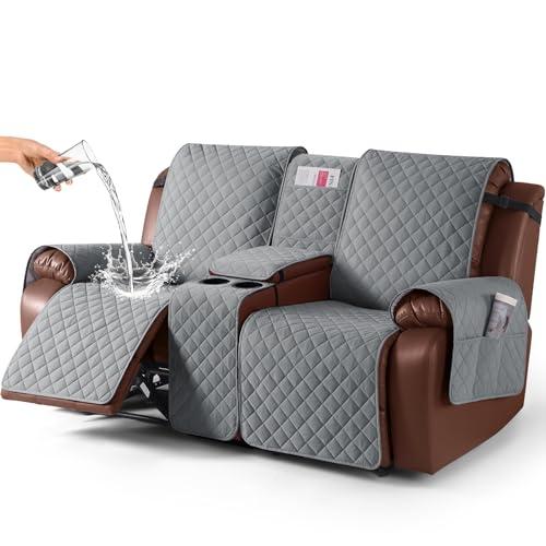 KinCam 100% Waterproof Recliner Loveseat Cover with Console, Non-Slip Reclining Couch Covers for 2 Seat, Recliner Sofa Cover Furniture Protector with Elastic Straps for Kids, Pets, Grey
