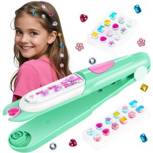 kidzkube Hair Gem Stamper Kit, Bling Hair Jewels for Girls Toys, Hair Styling Tool with Reusable Shining Diamonds, Birthday Gifts Toys for Girls Ages 3 4 5 6 8-12 (Green)