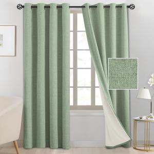 SimpleHome 100% Blackout Light Sage Green Linen Curtains 84 Inch Long 2 Panel Set, Faux Linen Textured for Living Room with White Liner Grommet Curtains for Bedroom